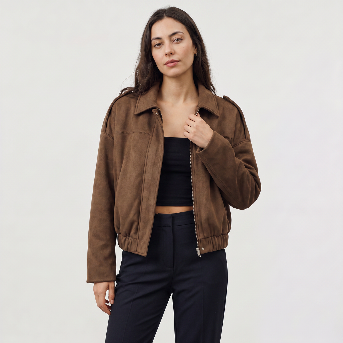Women's Faux Suede Bomber Jacket | Oversized Collared Lightweight Jacket for Spring and Autumn Everyday Transitional Style