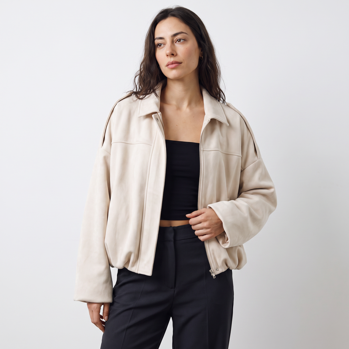 Women's Faux Suede Bomber Jacket | Oversized Collared Lightweight Jacket for Spring and Autumn Everyday Transitional Style