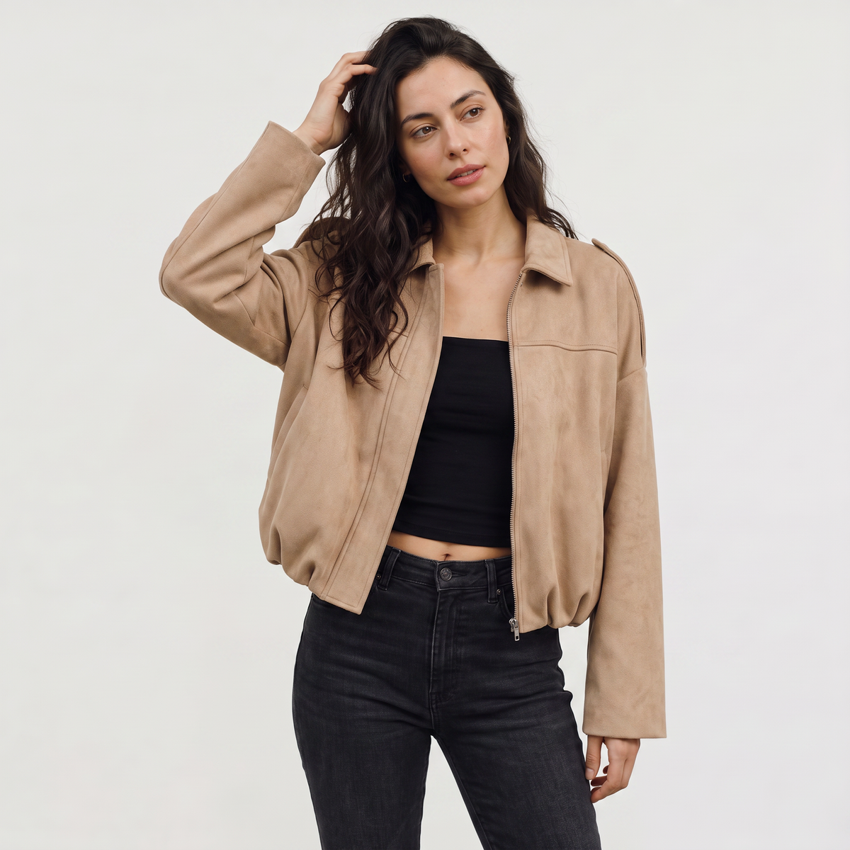 Women's Faux Suede Bomber Jacket | Oversized Collared Lightweight Jacket for Spring and Autumn Everyday Transitional Style