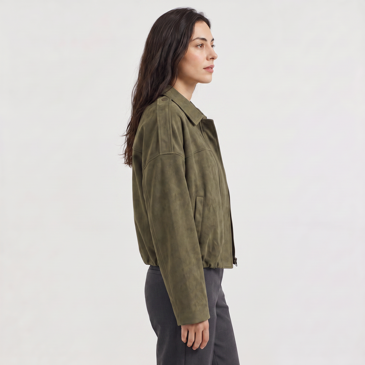 Women's Faux Suede Bomber Jacket | Oversized Collared Lightweight Jacket for Spring and Autumn Everyday Transitional Style