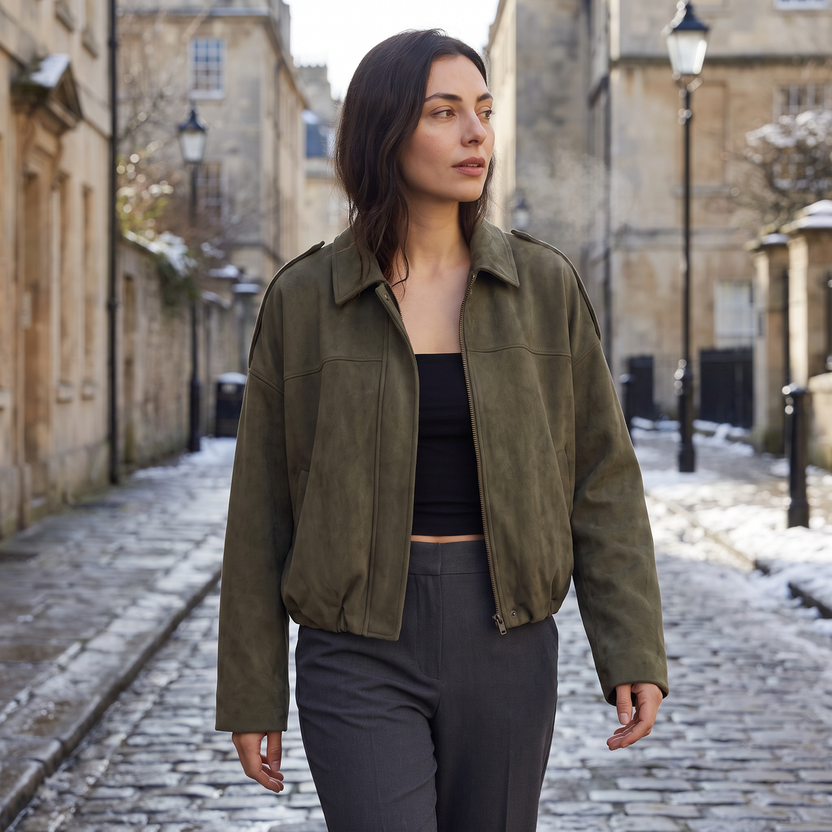 Women's Faux Suede Bomber Jacket | Oversized Collared Lightweight Jacket for Spring and Autumn Everyday Transitional Style