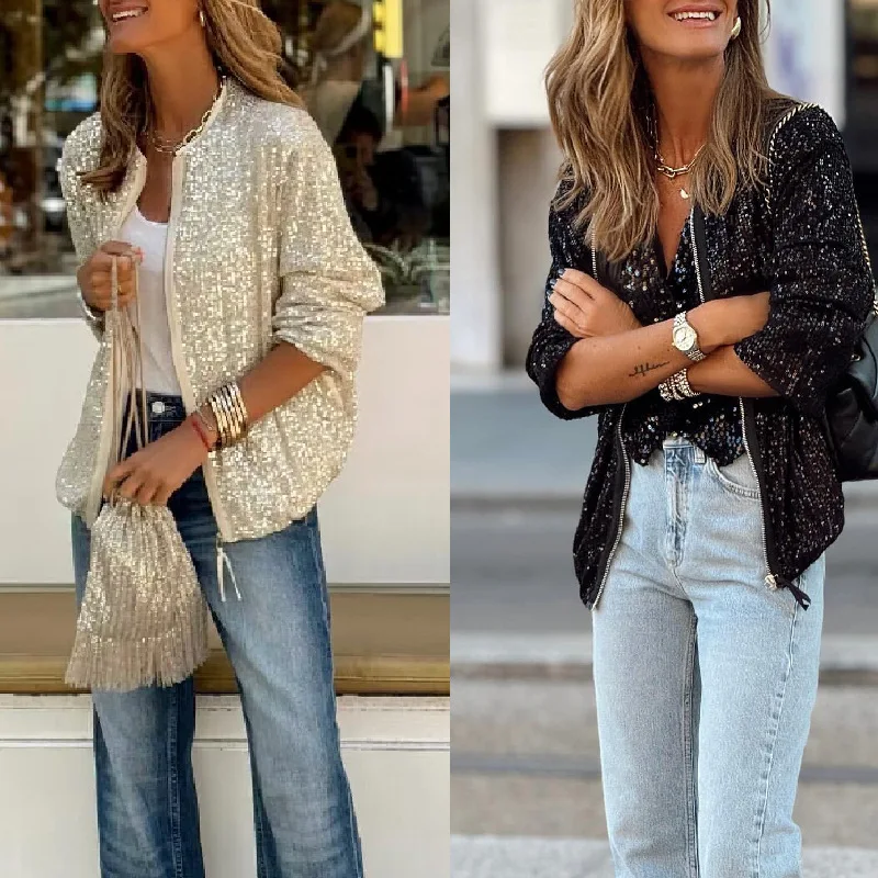 Women's Sequin Bomber Jacket | Zip Closure