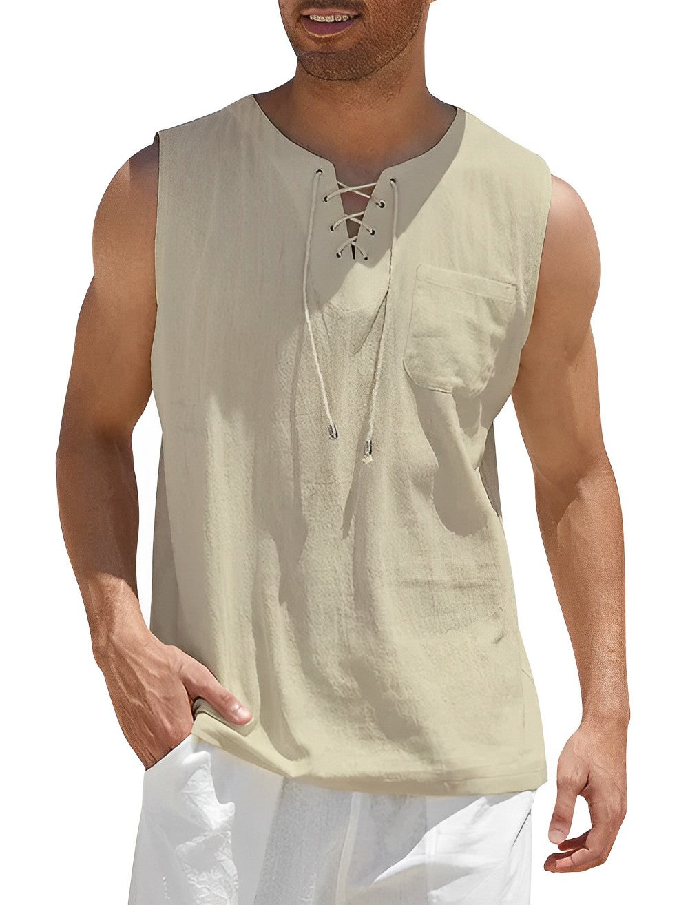 Débardeur à lacets et col en V pour homme | Chemise d'été sans manches, légère et respirante | Haut de plage décontracté à la coupe ample pour homme