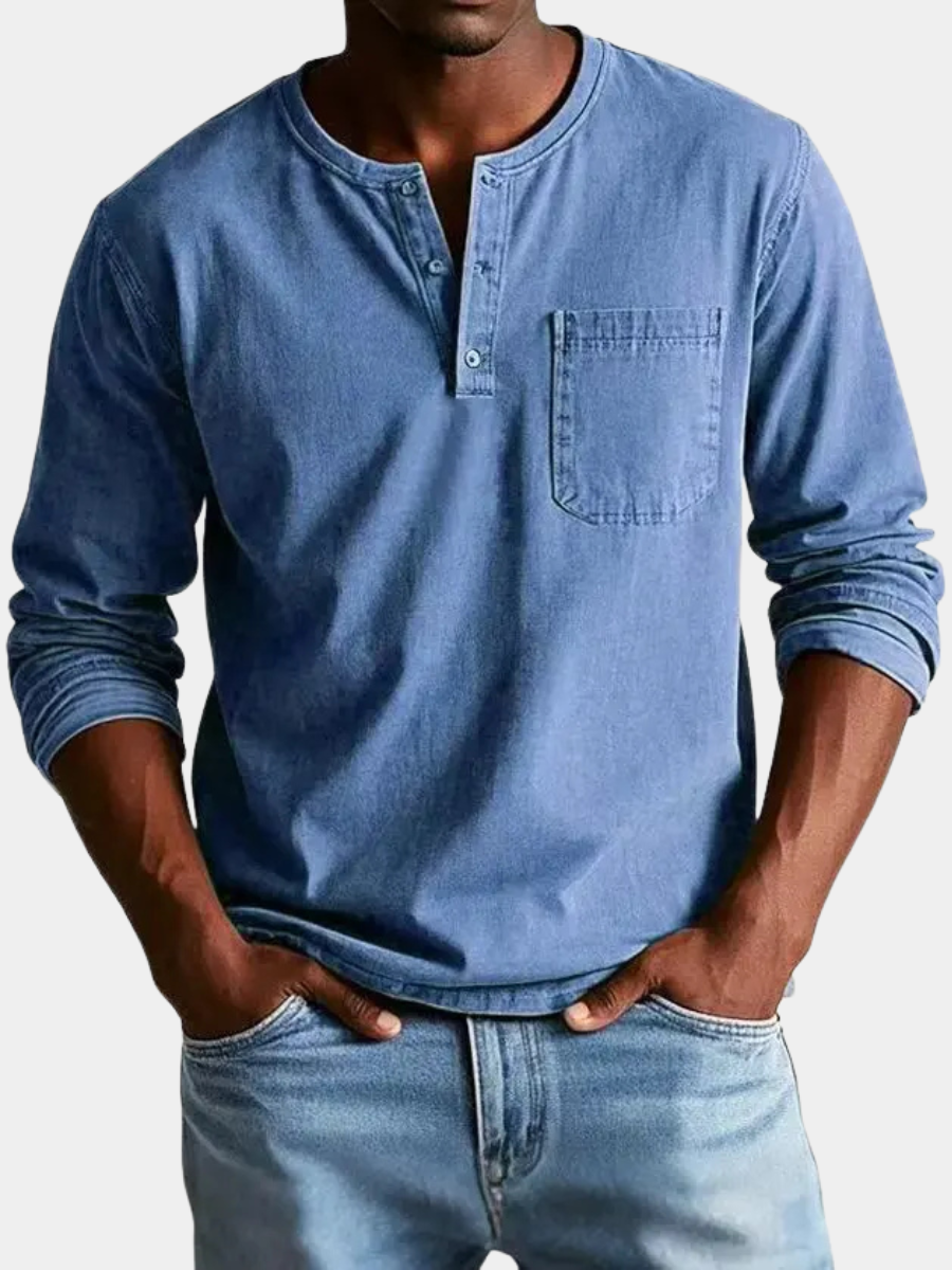 Cămașă Henley cu mâneci lungi pentru bărbați | Bluză casual din amestec de bumbac cu finisaj vintage spălat, cu buzunar la piept și croială lejeră, cu guler cu nasturi