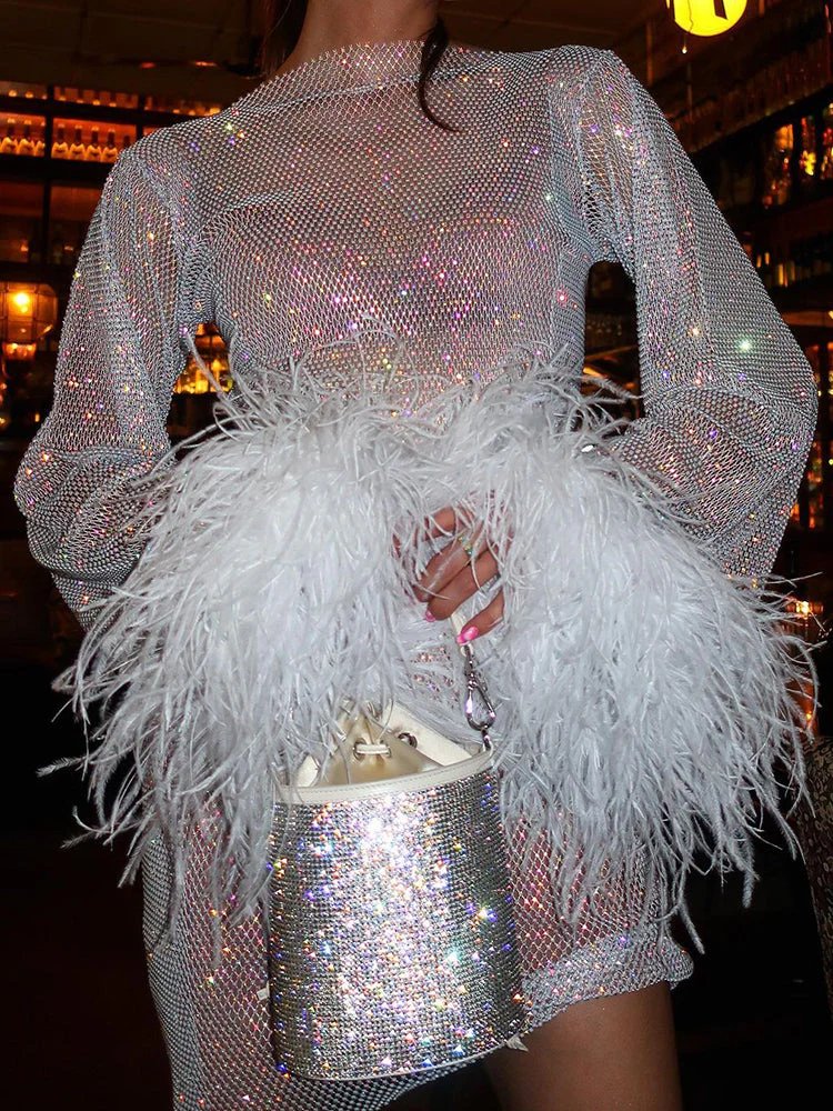 Women's Sparkly Mini Dress | Long Sleeve Party Dress with Feather Cuffs | Slim Fit Shimmer Evening Bodycon Dress
