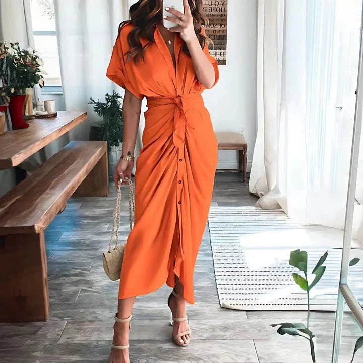 Women's Wedding Guest Collared V Neck Midi Dress