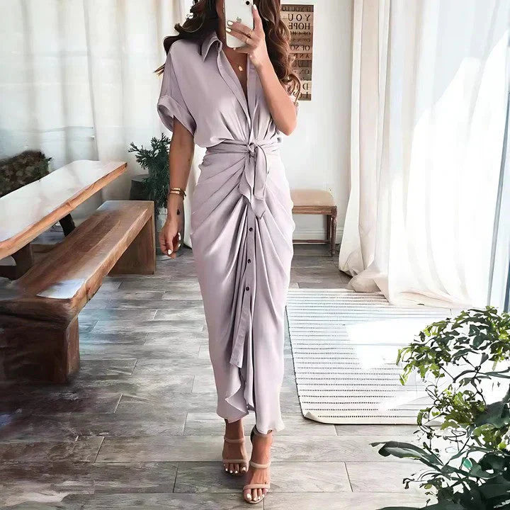 Women's Wedding Guest Collared V Neck Midi Dress
