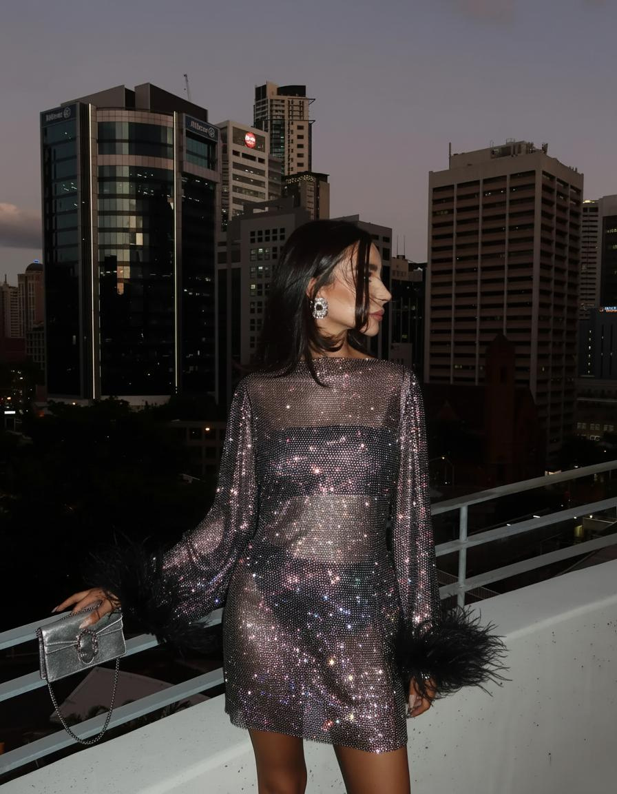 Women's Sparkly Mini Dress | Long Sleeve Party Dress with Feather Cuffs | Slim Fit Shimmer Evening Bodycon Dress