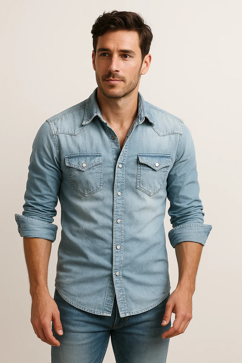 Camisa vaquera para hombre | Camisa vaquera informal y resistente, ideal para combinar con otras prendas | Camisa clásica de algodón vaquero de manga larga para el día a día