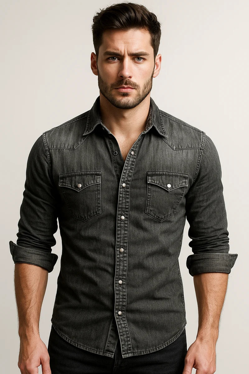Camisa vaquera para hombre | Camisa vaquera informal y resistente, ideal para combinar con otras prendas | Camisa clásica de algodón vaquero de manga larga para el día a día