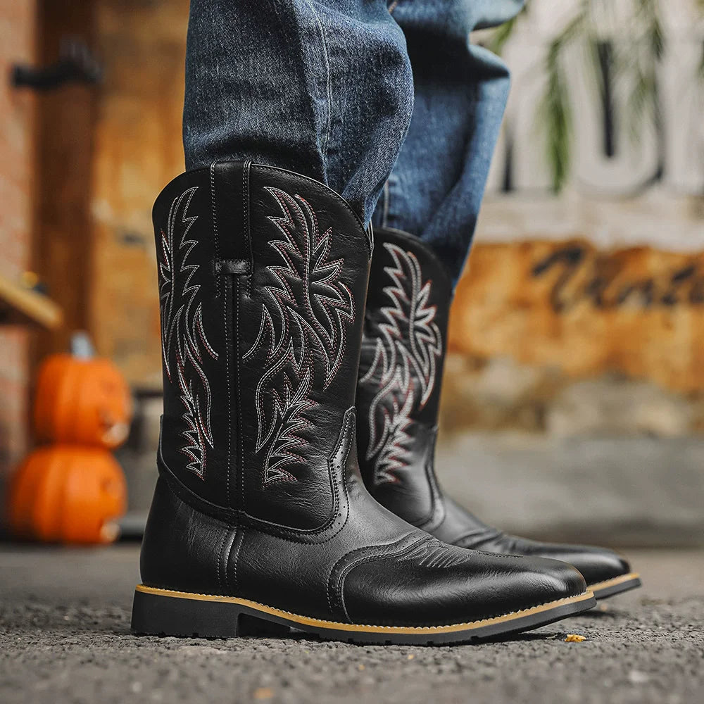 Herren Cowboystiefel Wadenlang Bestickt Leder Quadratische Spitze - Image 3