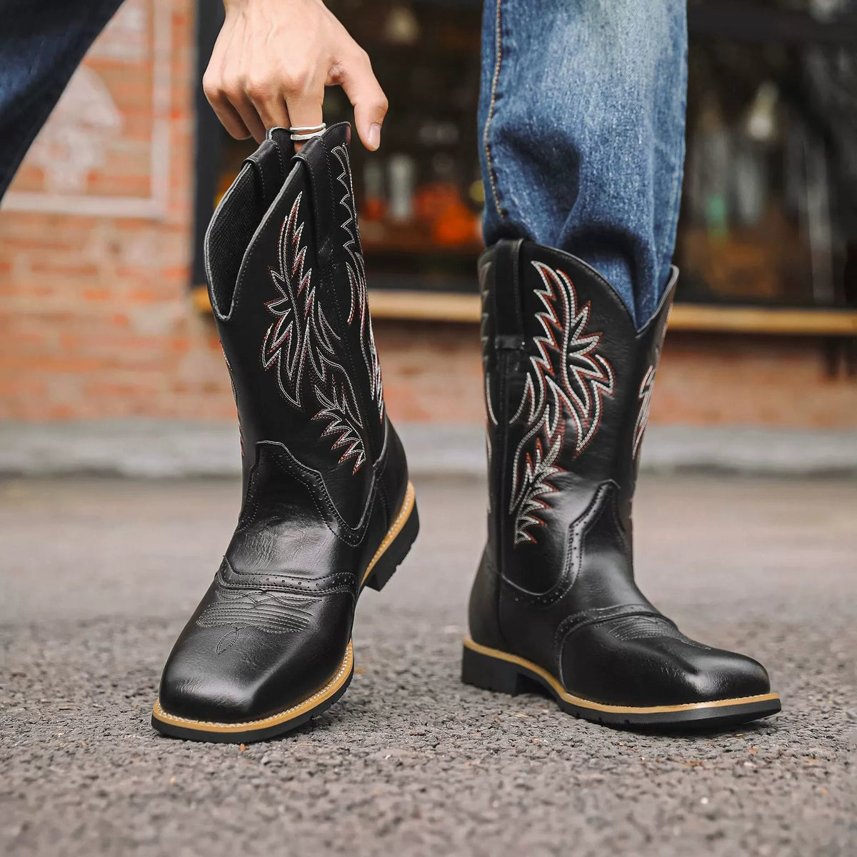 Herren Cowboystiefel Wadenlang Bestickt Leder Quadratische Spitze - Image 4