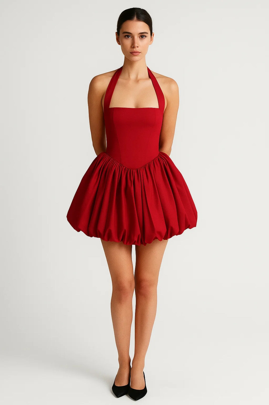 Minikjole med halterneck og fyldig nederdel | Festkjole i vintage-stil til kvinder | Ærmeløs festkjole med fit-and-flare-snit
