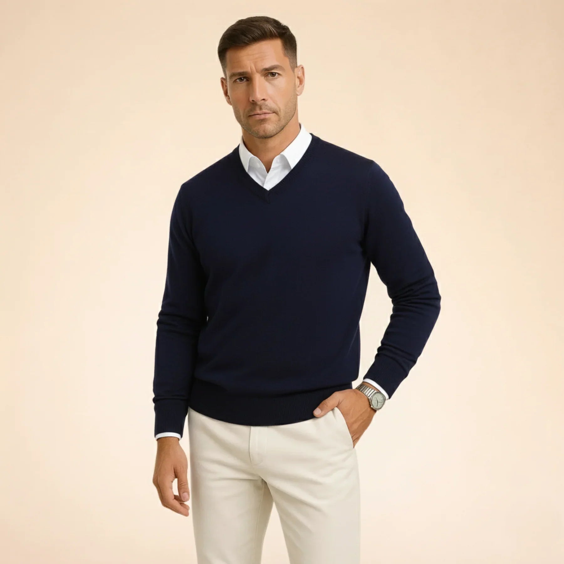 Pulover pentru bărbați cu guler în V din amestec de cașmir | Pulover cu croială slim și tricotaj fin | Pulover ușor, în stil business-casual, pentru uz zilnic