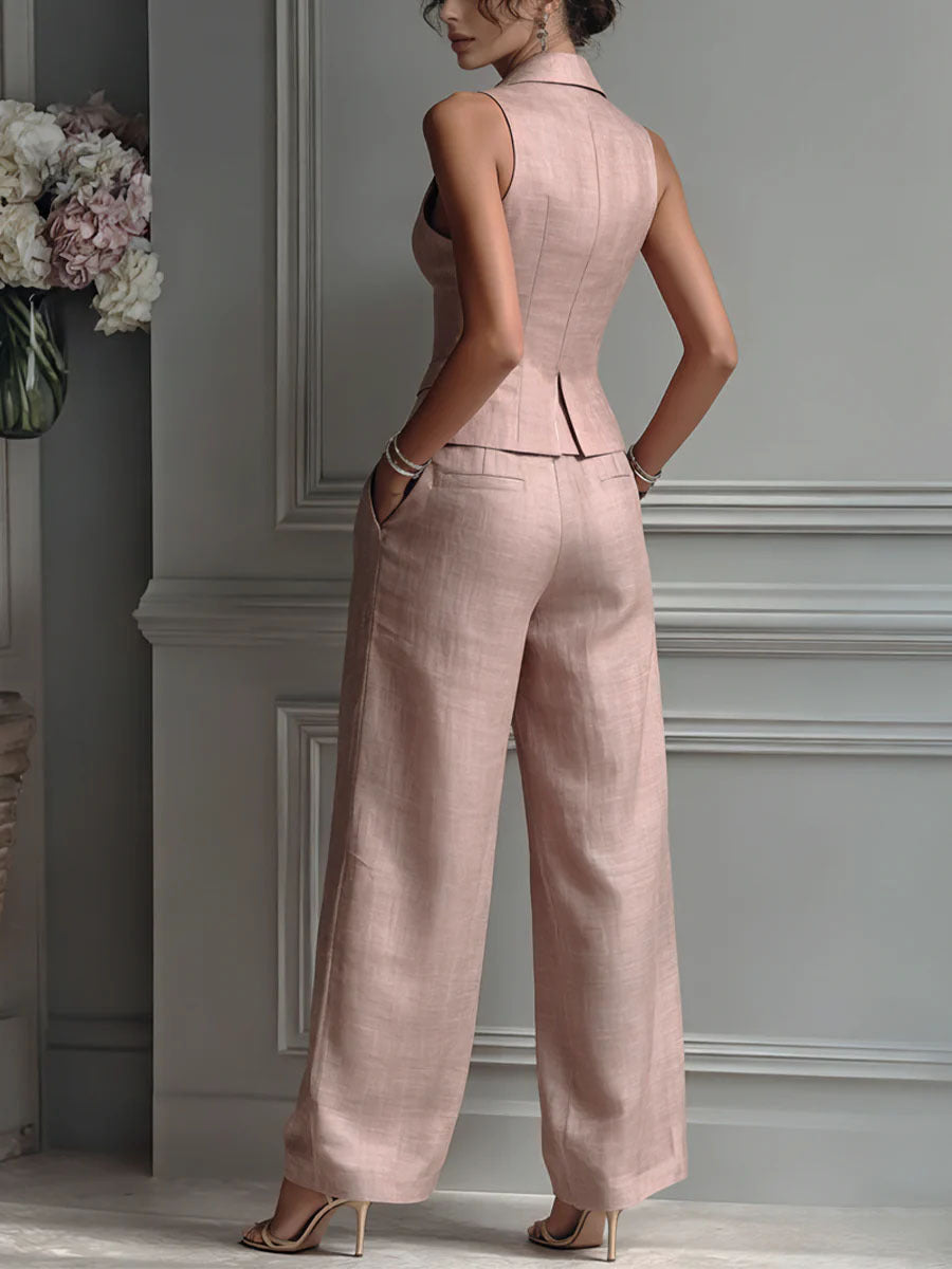 Ensemble deux pièces pour femme composé d'un haut sans manches à encolure en V et d'un pantalon à jambes larges | Ensemble pantalon d'été léger, idéal pour le quotidien et le bureau
