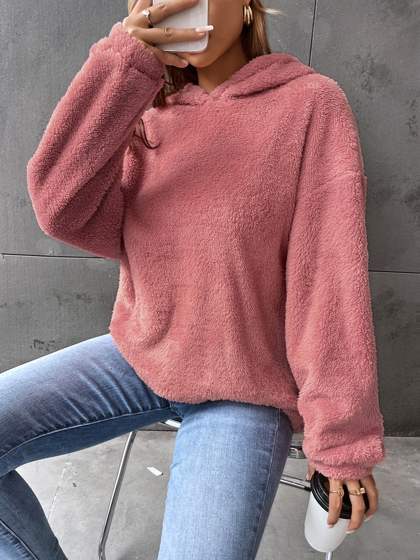 Felpa da donna con cappuccio - Pullover in pile - Modello corto - Vestibilità comoda - Maniche lunghe