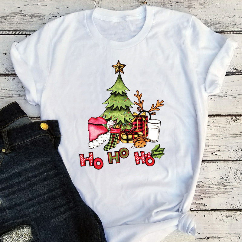 Maglietta da donna con motivo albero di Natale – Maglietta a maniche corte con stampa festiva “Ho Ho Ho”