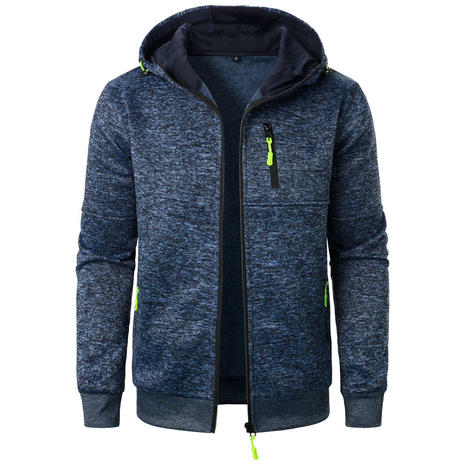 Giacca sportiva blu con cappuccio, zip verde fluorescente, tasca frontale, tessuto mélange. Ideale per attività outdoor e casual.