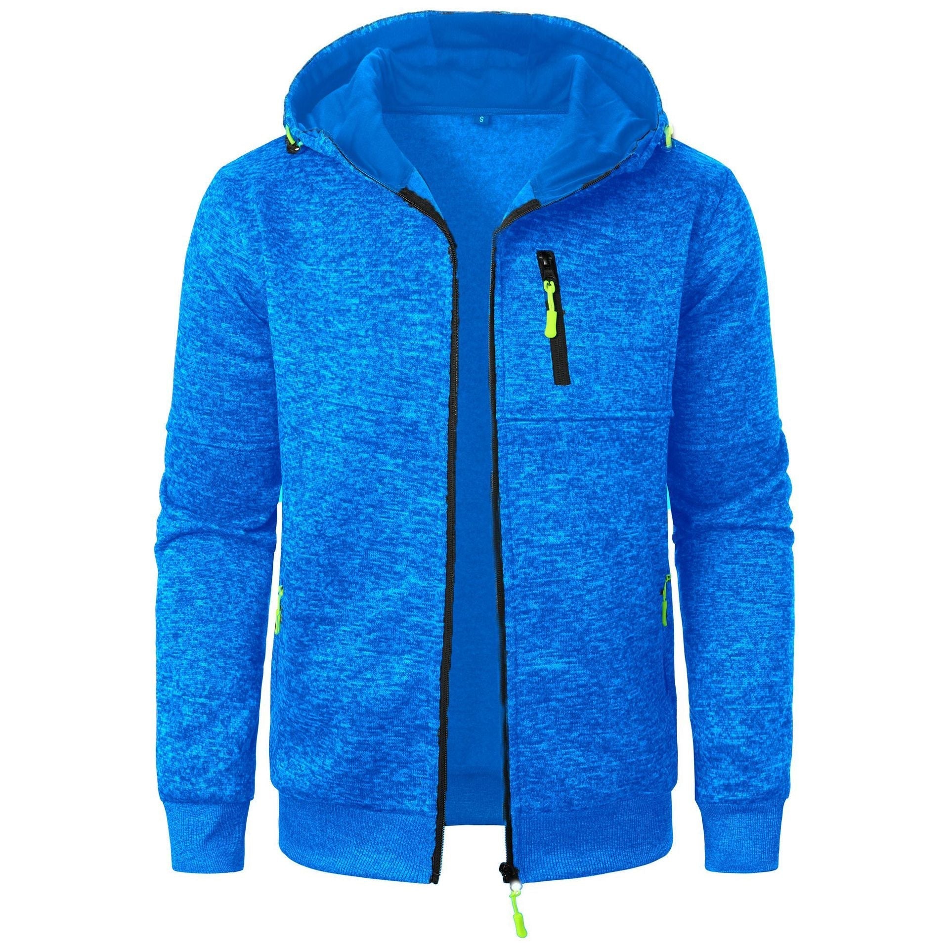 Felpa con cappuccio blu elettrico, zip frontale, tasche con cerniera, dettagli verde neon. Abbigliamento sportivo casual, moda uomo.