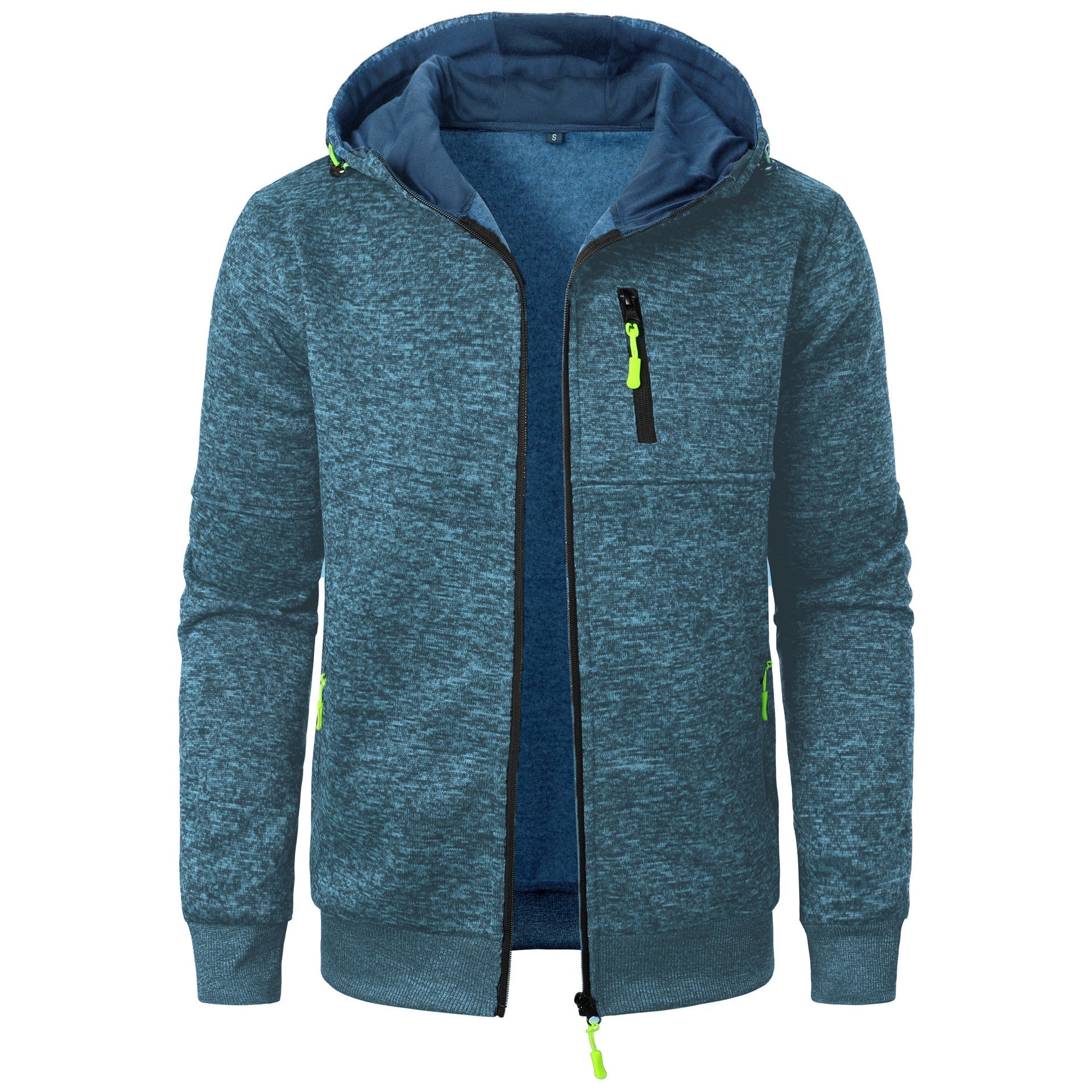 Felpa con cappuccio blu melange, zip frontale, tasca con cerniera sul petto, dettagli verde fluo. Abbigliamento casual uomo, moda autunno.