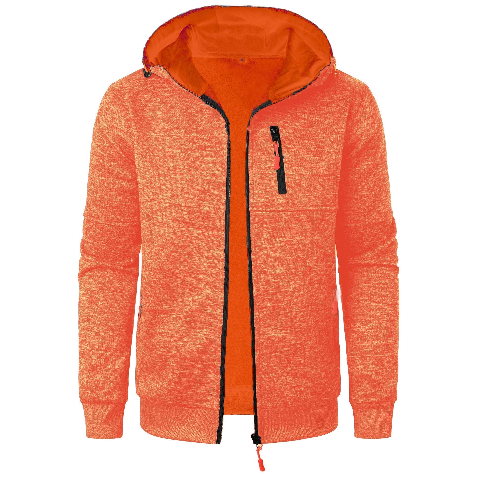 Giacca arancione con cappuccio, zip frontale e tasca con cerniera sul petto. Design sportivo, tessuto melange, ideale per attività outdoor.