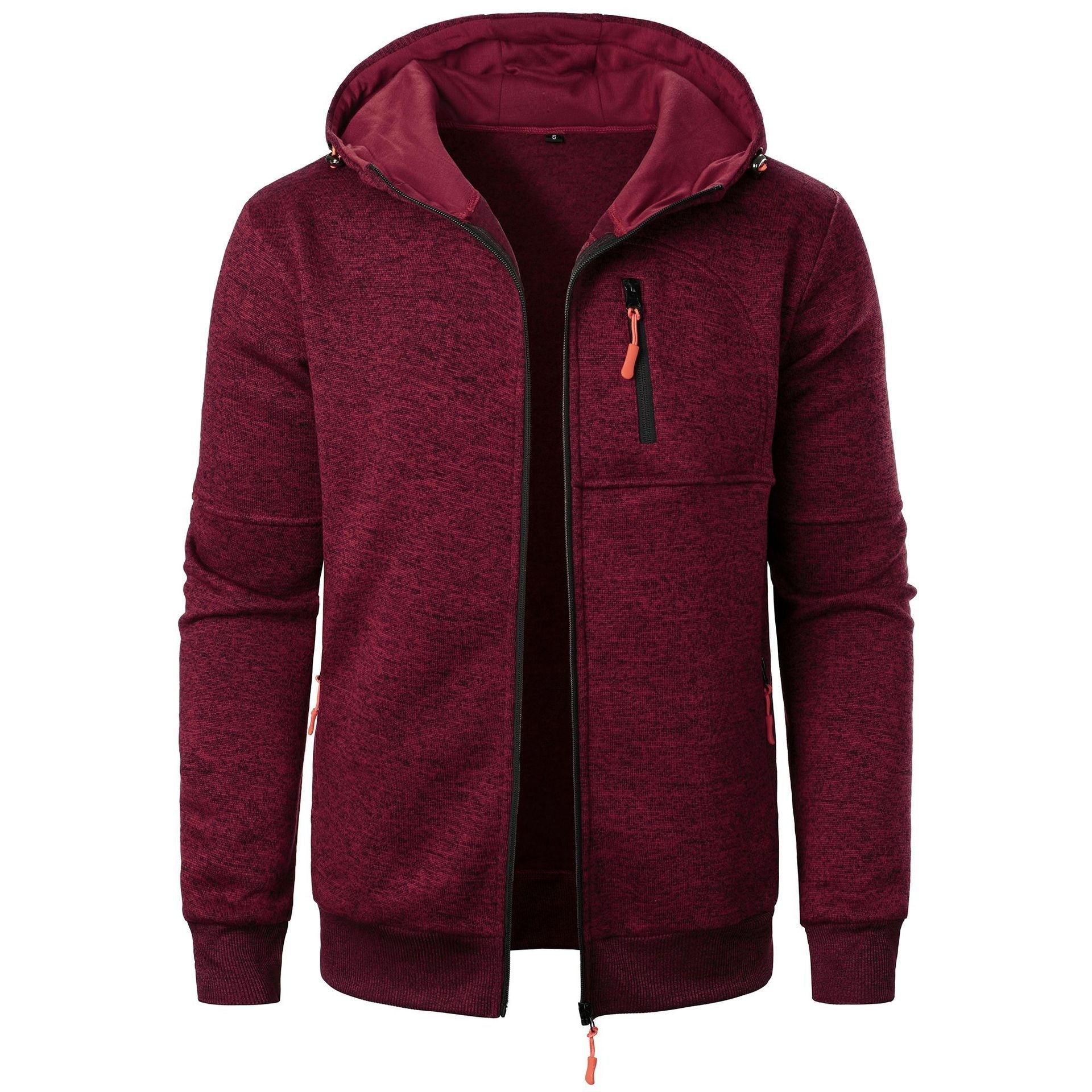 Felpa con cappuccio bordeaux, zip frontale, tasca sul petto, design casual, moda uomo, abbigliamento autunnale, tessuto morbido e confortevole.