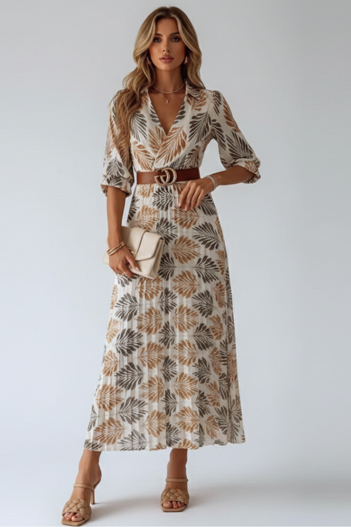 Women's Maxi Dress with Elbow Length Sleeves | Loose Fit Patterned Print Ankle Length Summer Dress for Daytime Gatherings