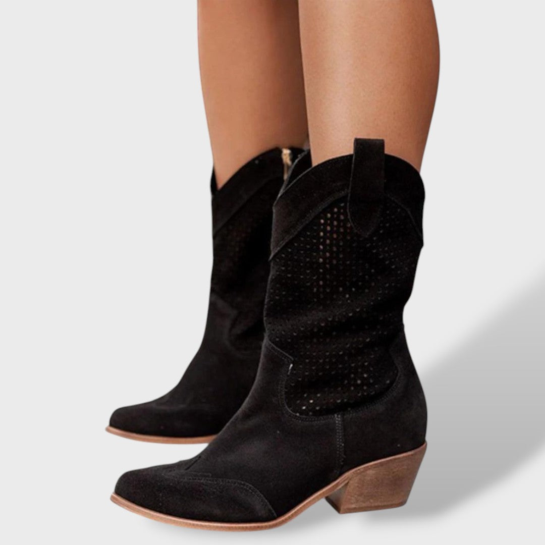 Women's Orthopedic Cowboy Boots with Perforated Shaft and Block Heel | Comfortable Breathable Western Boots with Side Zip