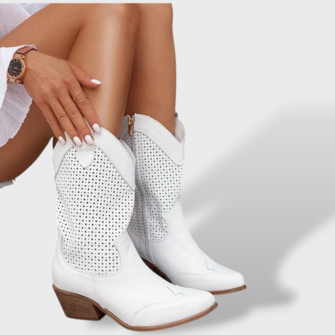 Botas vaqueras ortopédicas para mujer | Botines western perforados con tacón grueso y plantilla anatómica cómoda