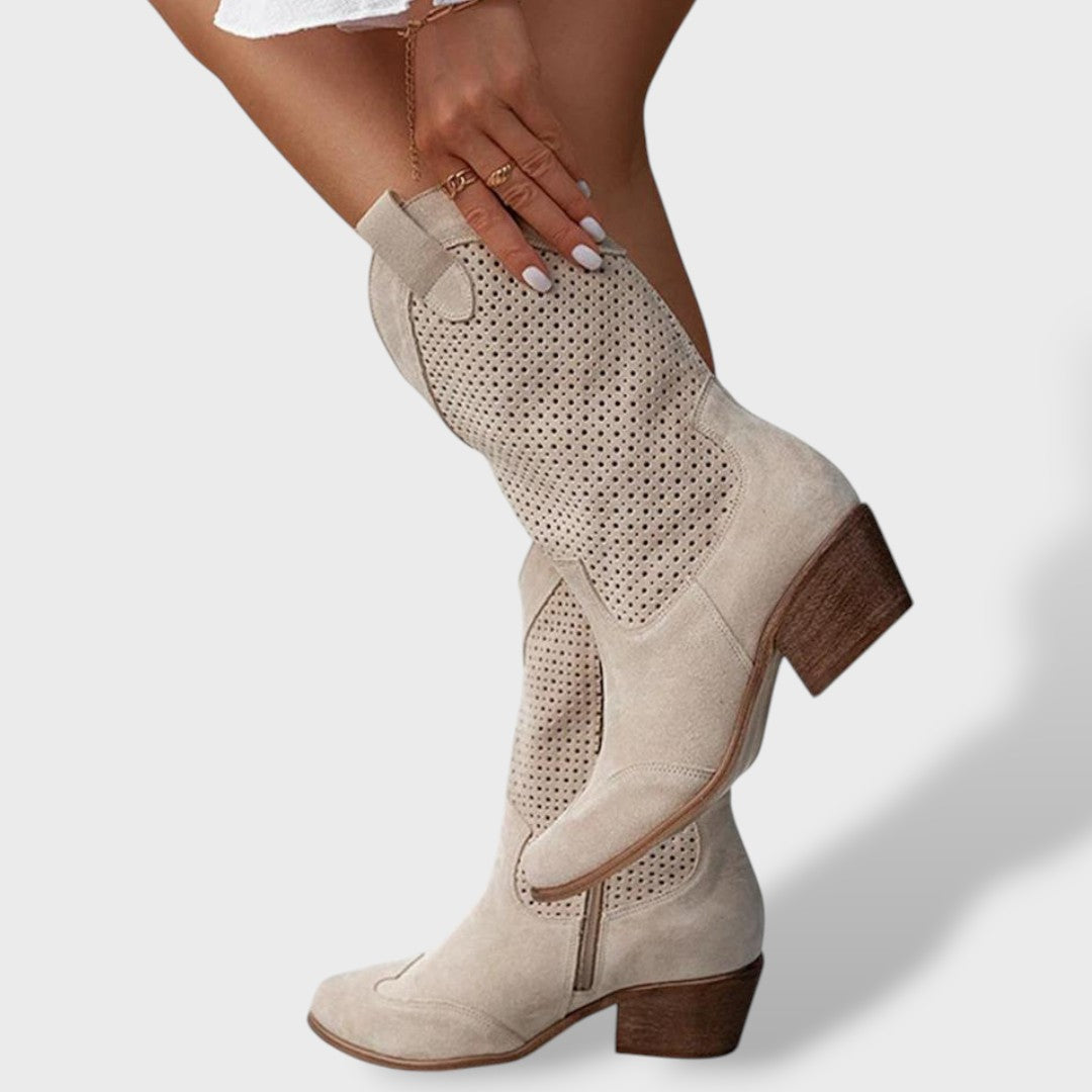 Botas vaqueras ortopédicas para mujer | Botines western perforados con tacón grueso y plantilla anatómica cómoda