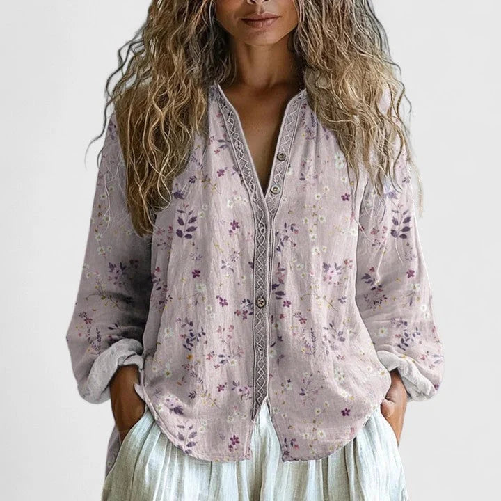 Camicetta da donna con stampa a foglie | Comoda maglietta casual a maniche lunghe | Camicia autunnale con stampa retrò, ideale per il lavoro e per tutti i giorni
