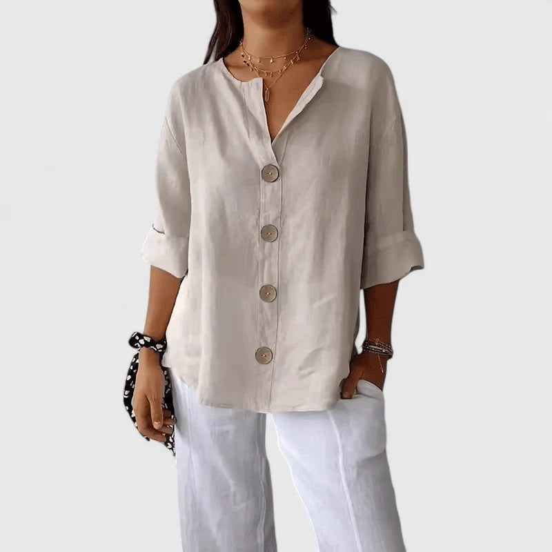 Women's Cotton Linen Blouse | Lightweight V-Neck Button Down Top | Breathable Summer Shirt for Casual Work and Daily Wear