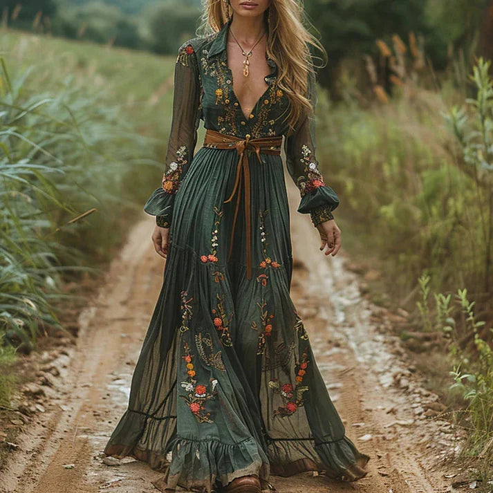 Abito lungo da donna a fantasia floreale con scollo a V e maniche lunghe trasparenti; abito da sera ricamato con cintura e orlo a balze plissettate
