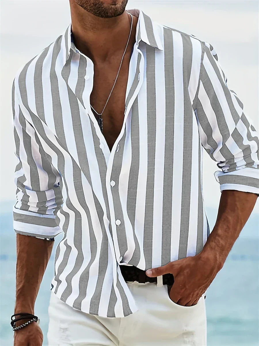 James Summer - Camicia da uomo a righe blu chiaro in misto lino e cotone con taglio casual