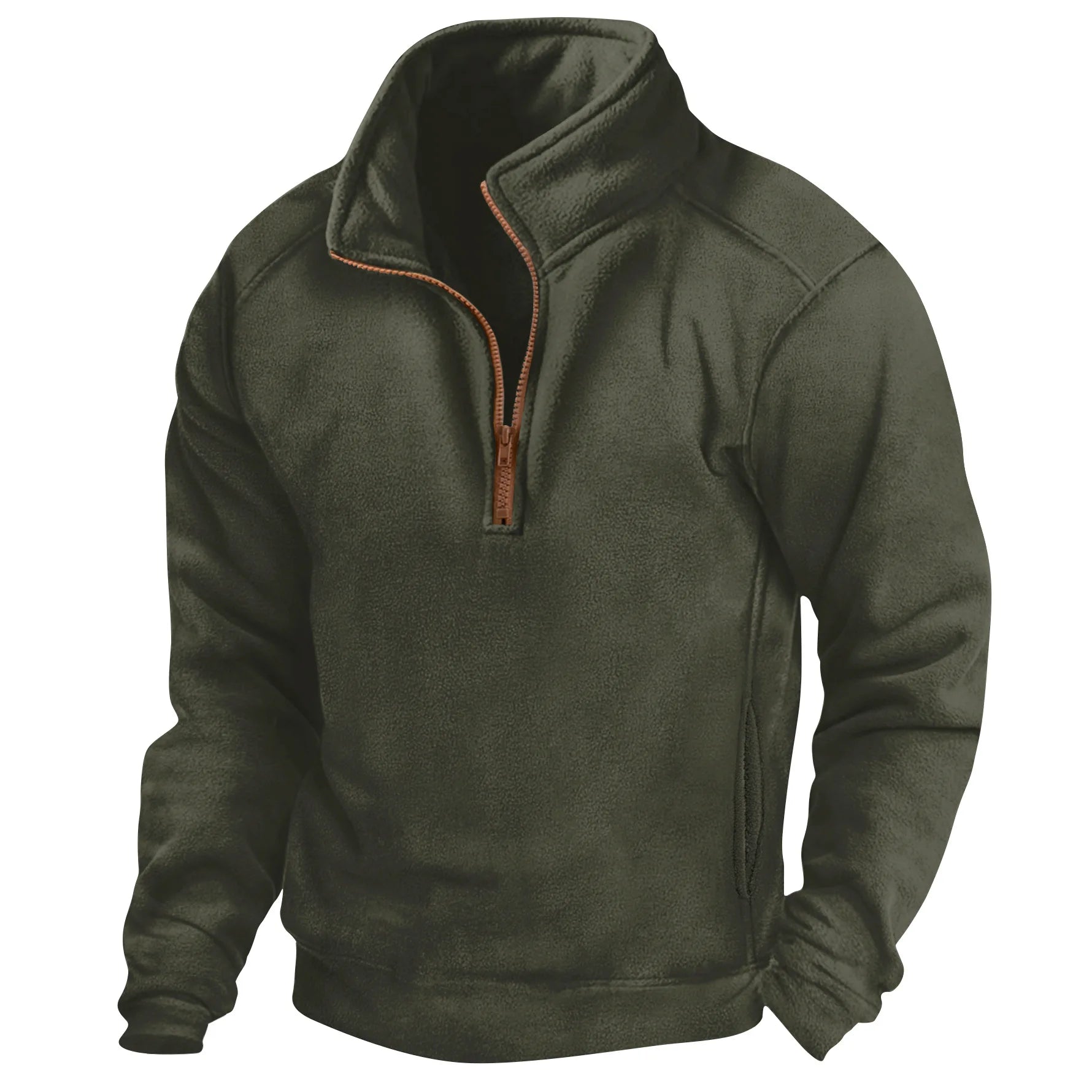 Maglione in pile verde oliva con zip frontale, collo alto e maniche lunghe. Abbigliamento caldo e casual per l'inverno.