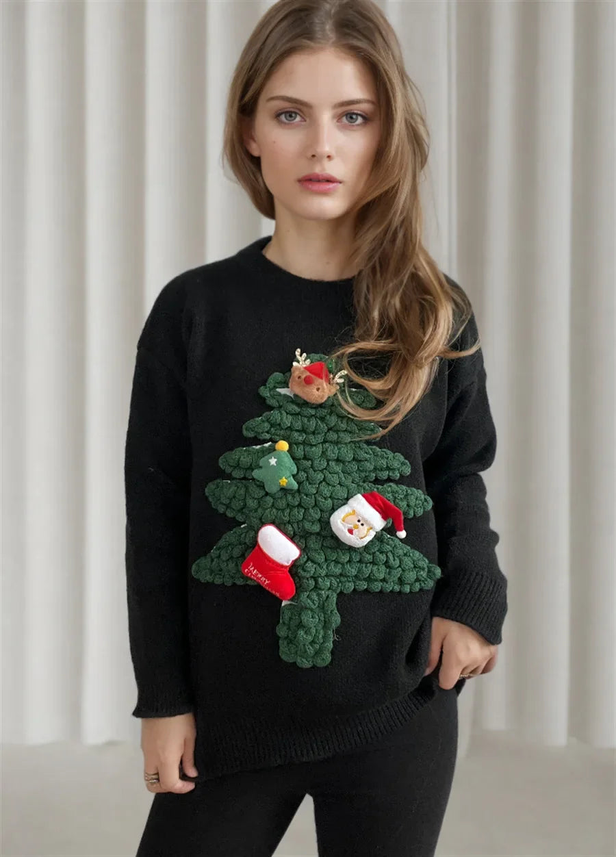 Pulover de Crăciun 3D pentru femei | Pulover cu textură în formă de brad de Crăciun | Pulover festiv din tricot, cu croială lejeră și guler rotund, ideal pentru petrecerile de iarnă