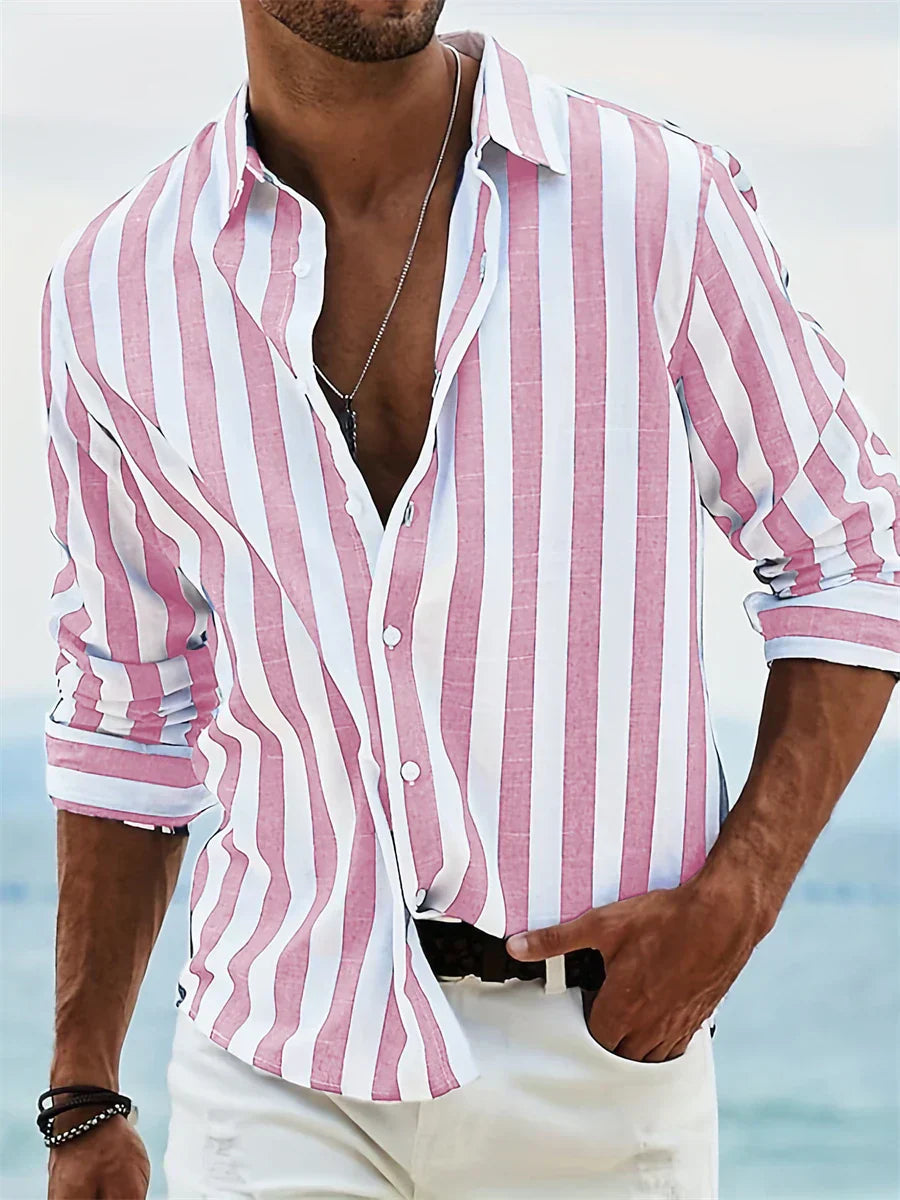 James Summer - Camicia da uomo a righe blu chiaro in misto lino e cotone con taglio casual