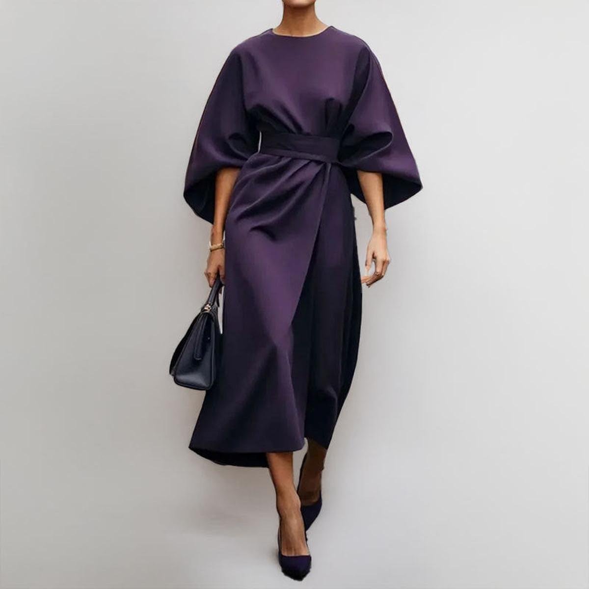 Women's Batwing Sleeve Maxi Dress | Formal Long Dress with Belt and Round Neck | Flowy Evening Gown for Special Occasions
