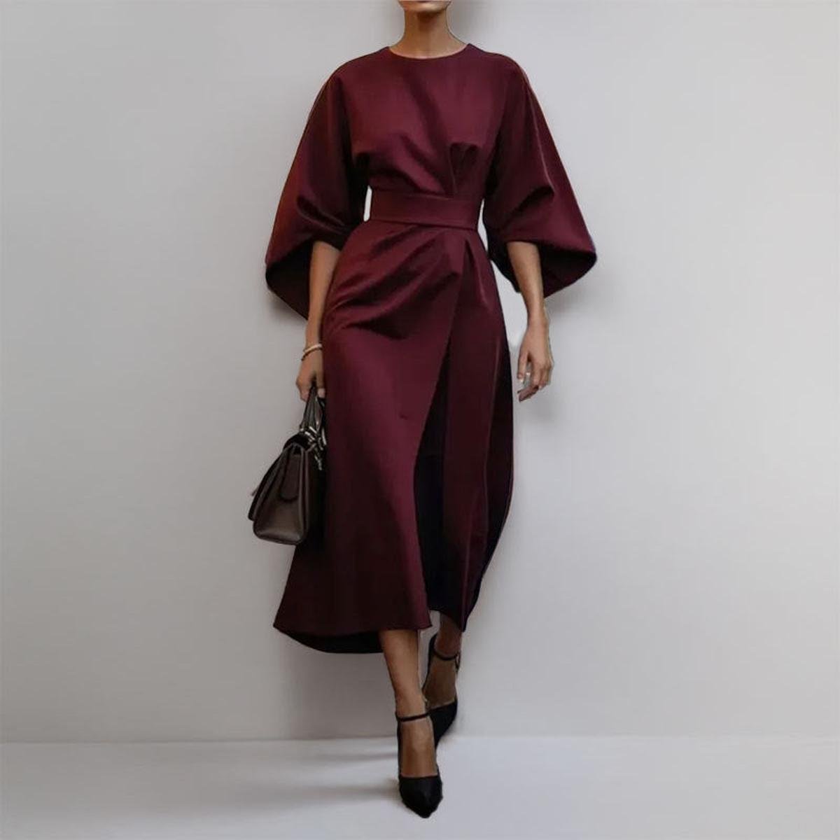 Women's Batwing Sleeve Maxi Dress | Formal Long Dress with Belt and Round Neck | Flowy Evening Gown for Special Occasions