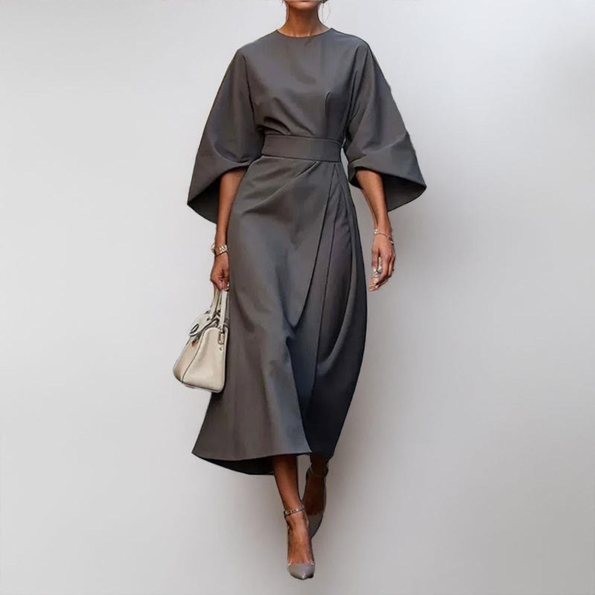 Women's Batwing Sleeve Maxi Dress | Formal Long Dress with Belt and Round Neck | Flowy Evening Gown for Special Occasions