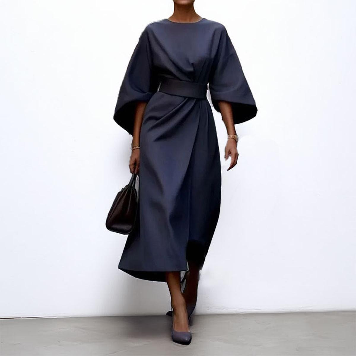 Women's Batwing Sleeve Maxi Dress | Formal Long Dress with Belt and Round Neck | Flowy Evening Gown for Special Occasions