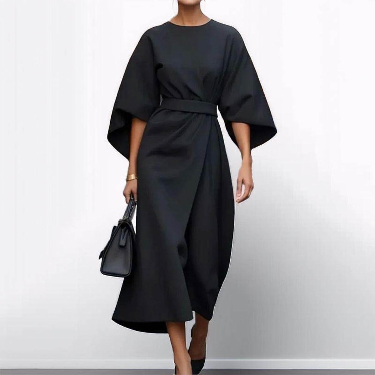Women's Batwing Sleeve Maxi Dress | Formal Long Dress with Belt and Round Neck | Flowy Evening Gown for Special Occasions