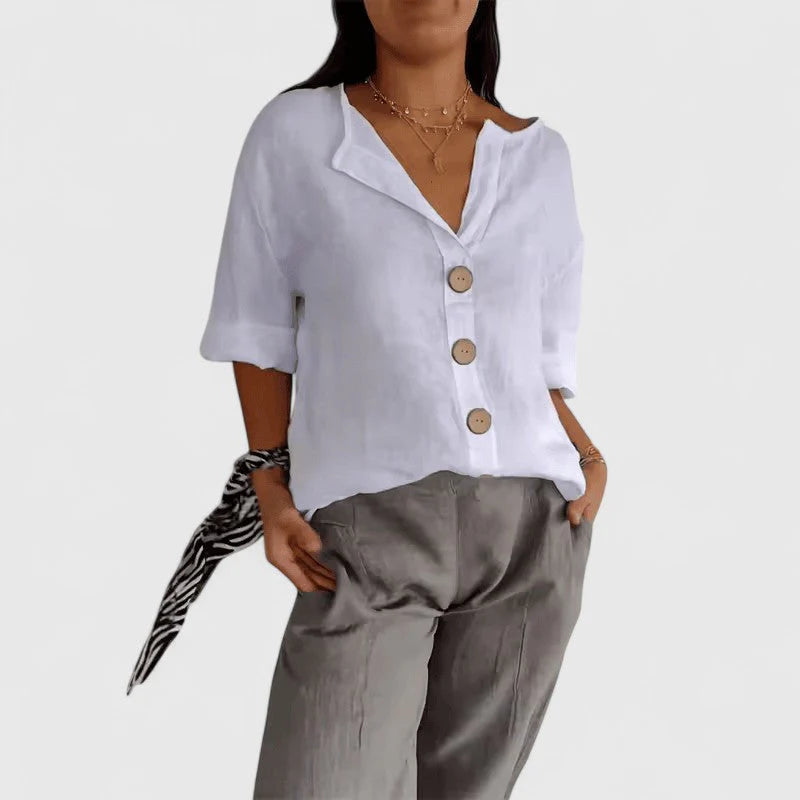 Women's Cotton Linen Blouse | Lightweight V-Neck Button Down Top | Breathable Summer Shirt for Casual Work and Daily Wear