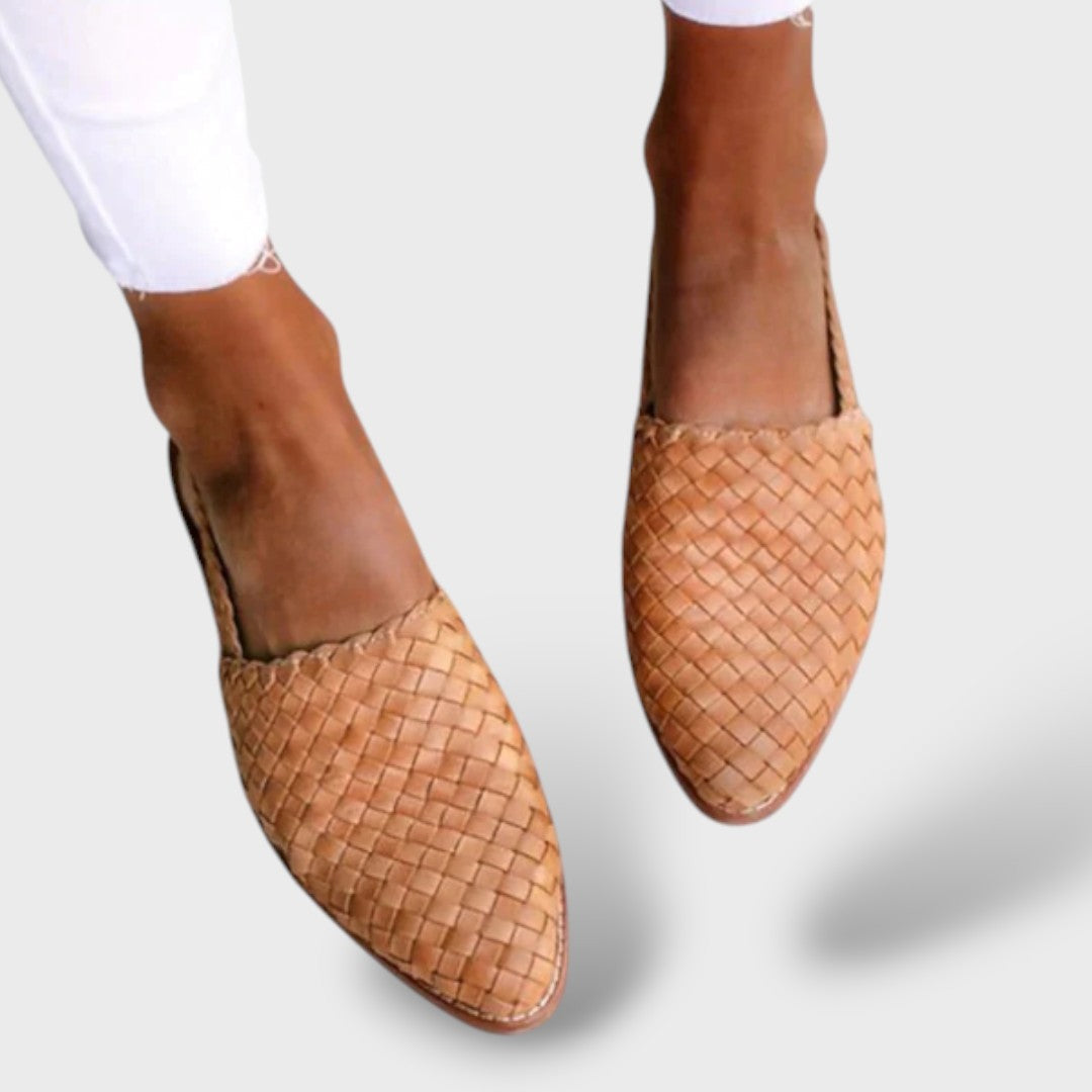 Ortopædiske slingback-sandaler i vævet læder til kvinder | Ergonomiske flade vandresko med svangstøtte og spids tå