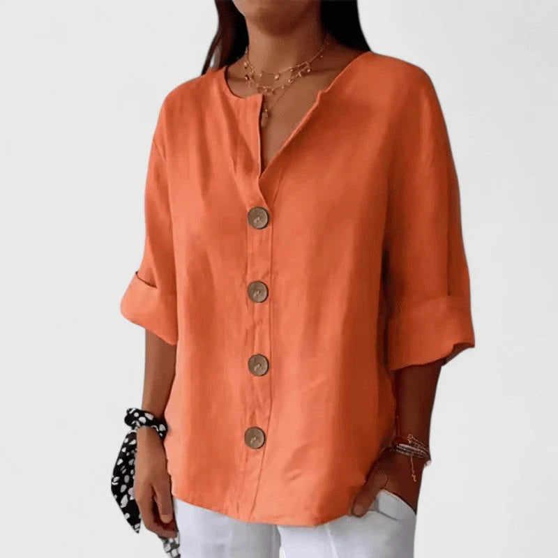 Women's Cotton Linen Blouse | Lightweight V-Neck Button Down Top | Breathable Summer Shirt for Casual Work and Daily Wear