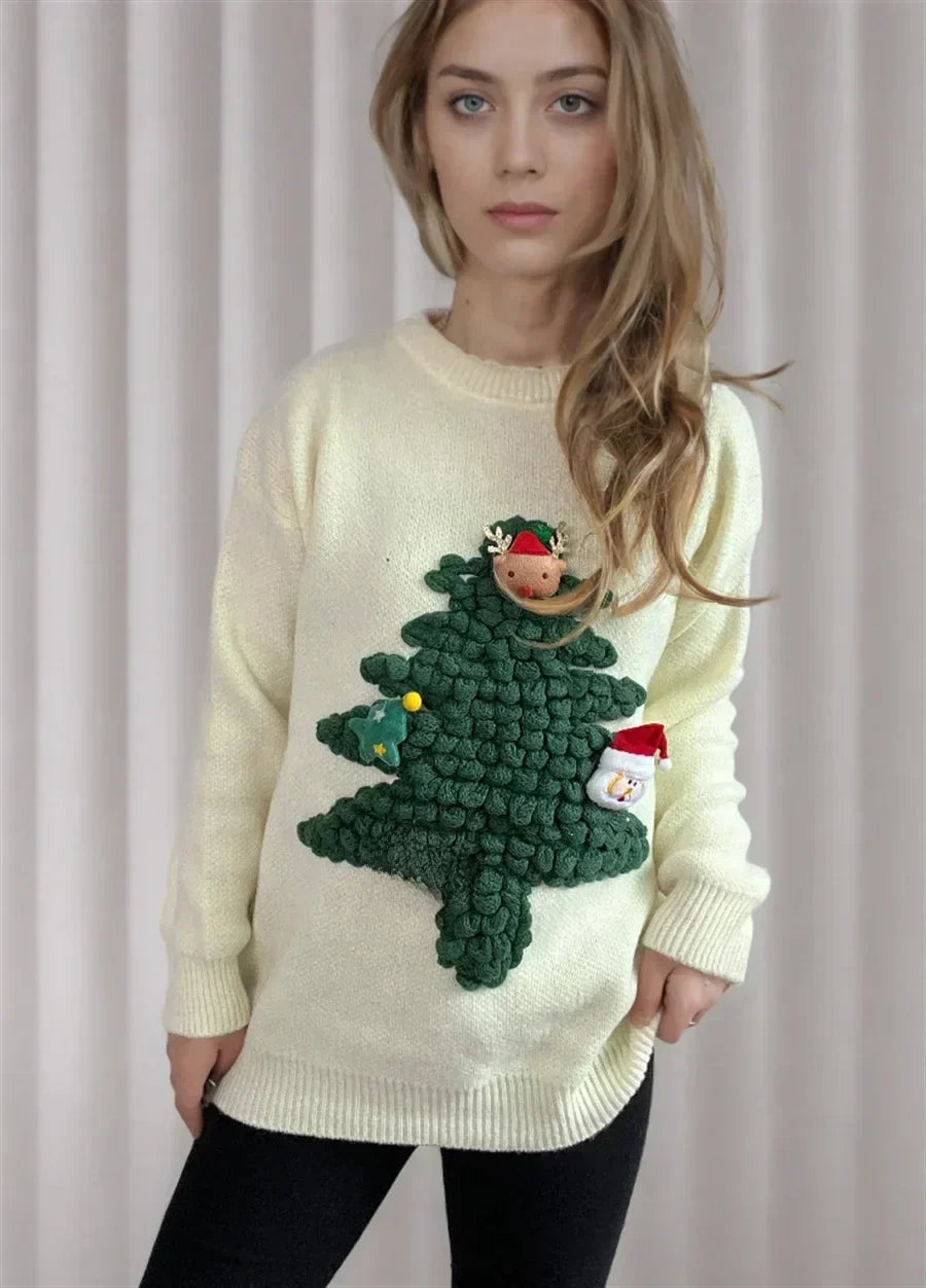 Pulover de Crăciun 3D pentru femei | Pulover cu textură în formă de brad de Crăciun | Pulover festiv din tricot, cu croială lejeră și guler rotund, ideal pentru petrecerile de iarnă