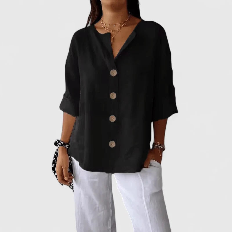 Women's Cotton Linen Blouse | Lightweight V-Neck Button Down Top | Breathable Summer Shirt for Casual Work and Daily Wear