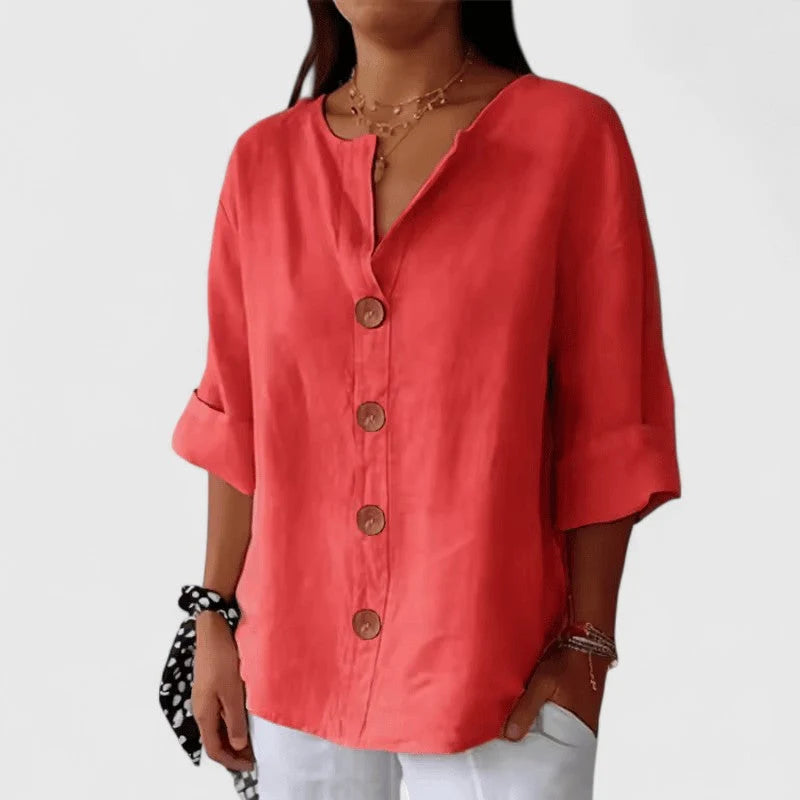 Women's Cotton Linen Blouse | Lightweight V-Neck Button Down Top | Breathable Summer Shirt for Casual Work and Daily Wear