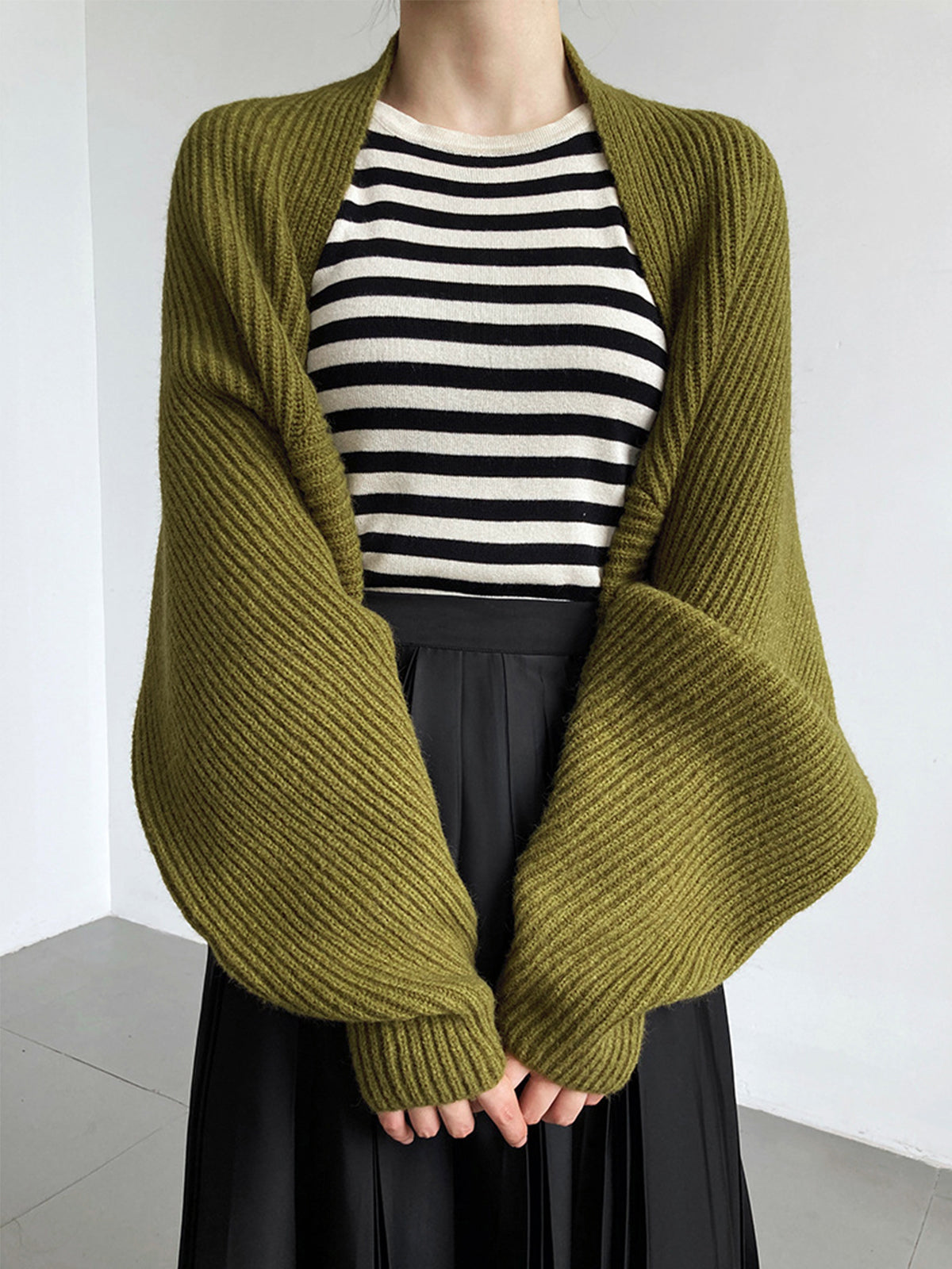 Olive green knit shrug with balloon sleeves full body view