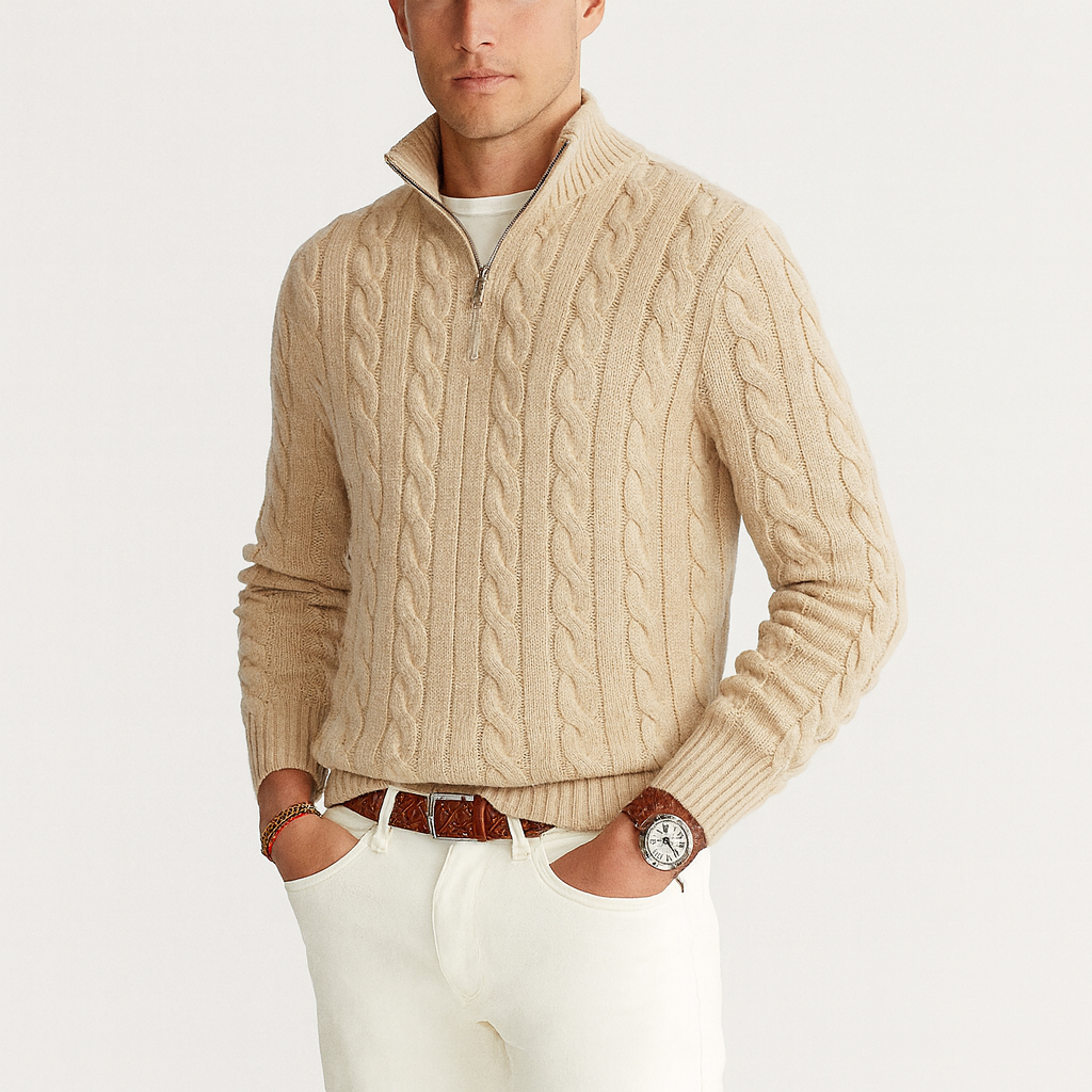 Half Zip Sweater with model beige